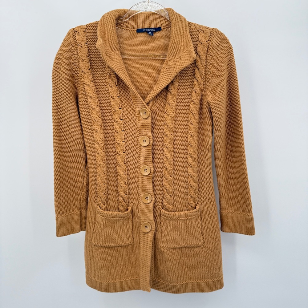 Chadwicks Womens PS Small Cable Knit Cardigan Fairy Gold Yellow Chunky Cottage